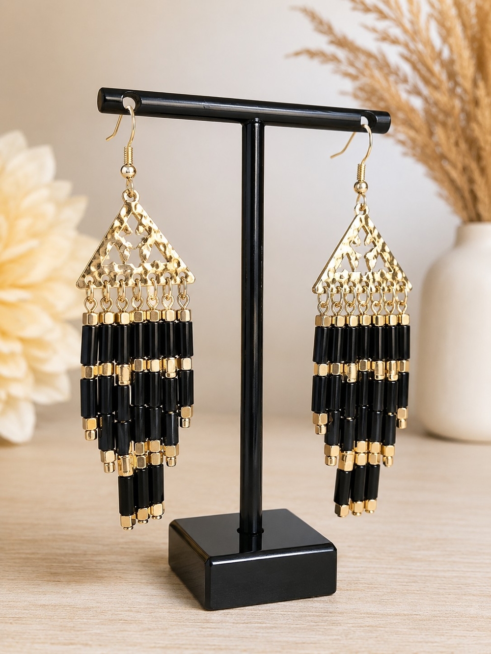 Plunder Gold and Black Beaded Fringe Earrings